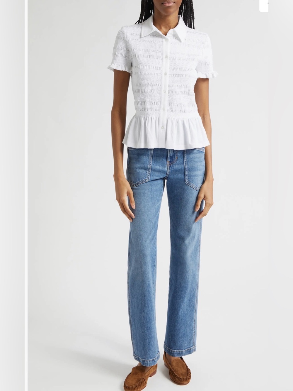 Veronica Beard Ellisandra White Smocked Peplum Button-Down short sleeve top NEW - Picture 2 of 10